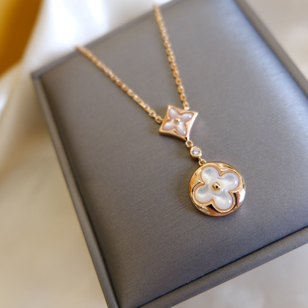 [⭐JeweliWhal]STAR AND SUN WHITE MOP 2 MOTIF PINK GOLD NECKLACE