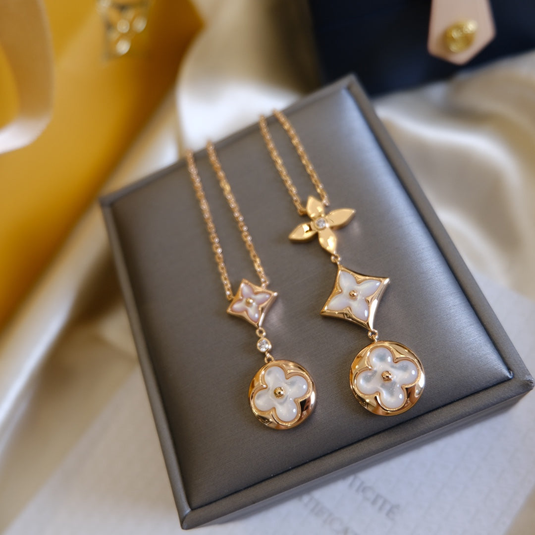 [⭐JeweliWhal]COLOR BLOSSOM LARIAT NECKLACE PINK GOLD WHITE MOTHER PEARL AND DIAMOND