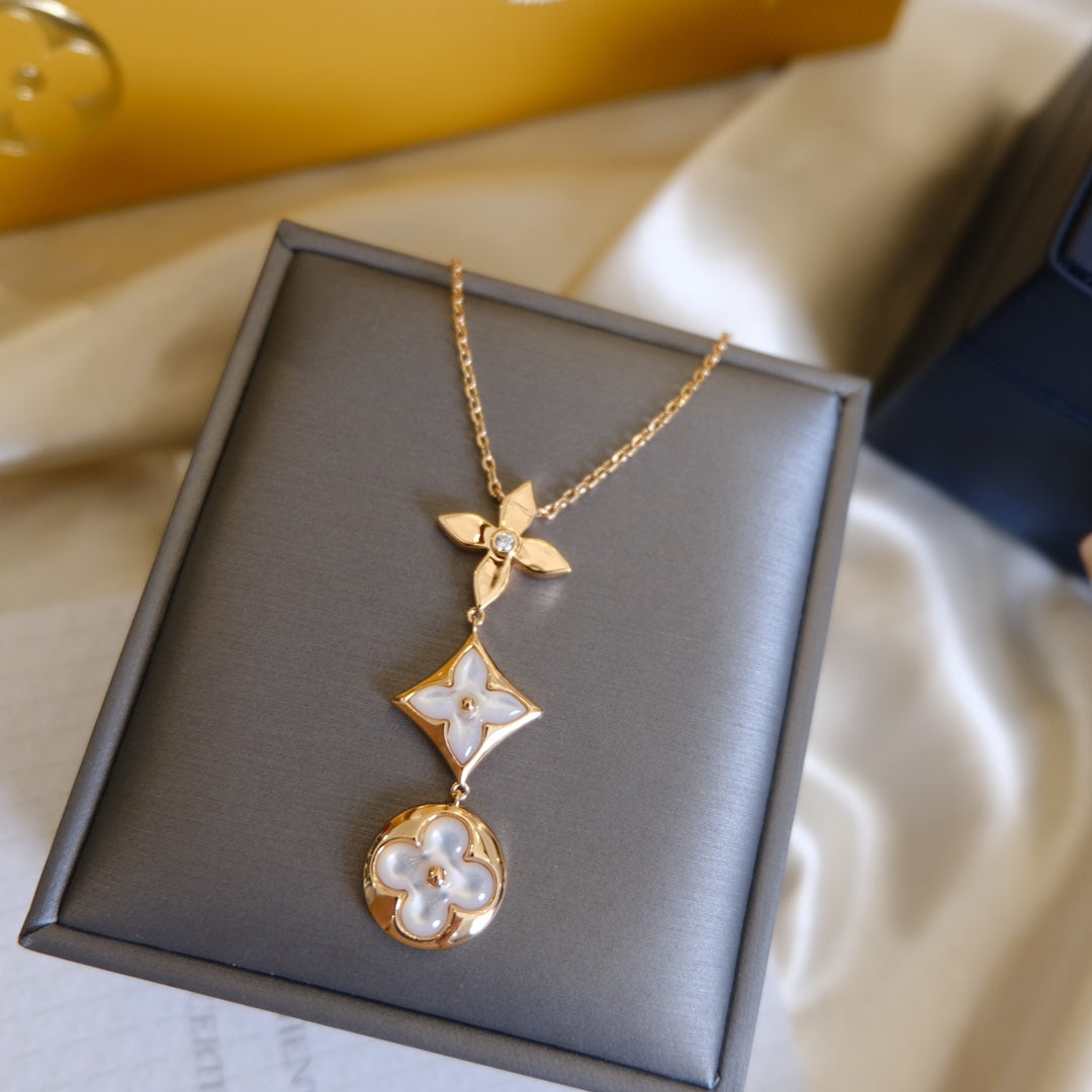 [⭐JeweliWhal]COLOR BLOSSOM LARIAT NECKLACE PINK GOLD WHITE MOTHER PEARL AND DIAMOND